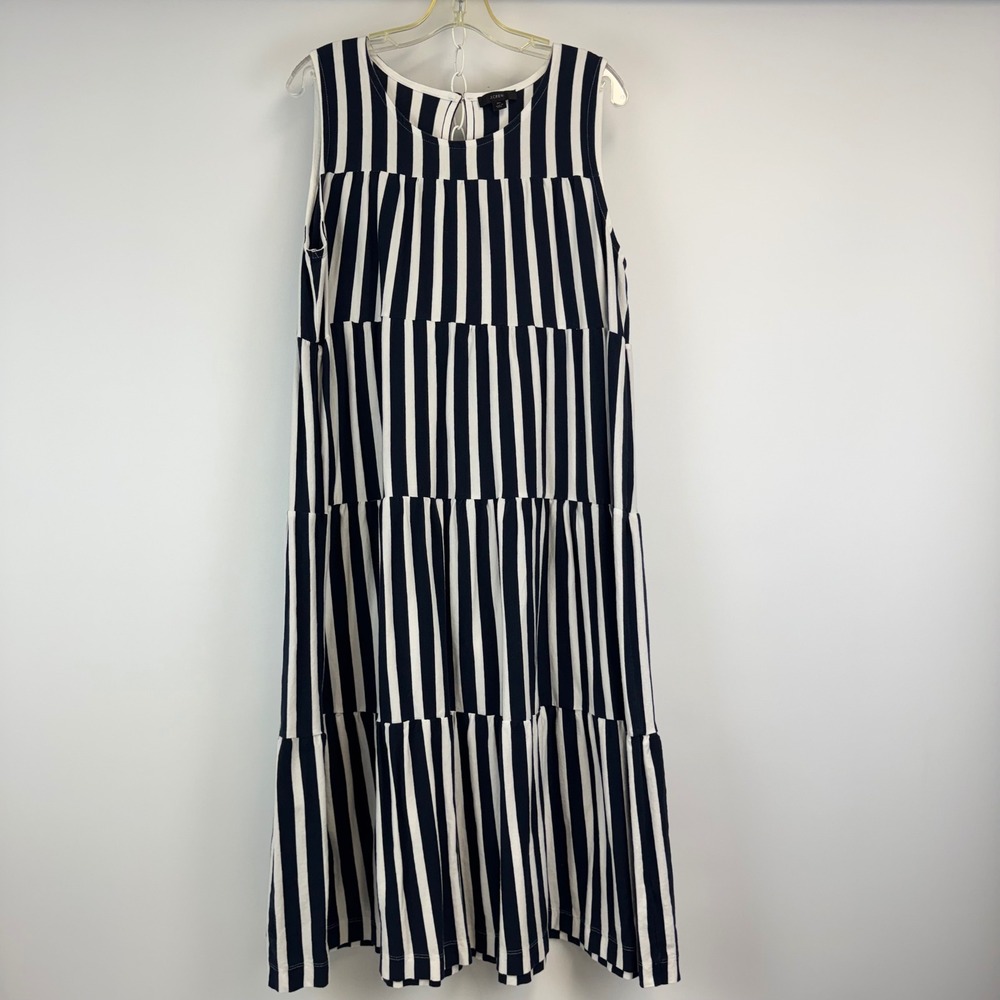 J.Crew Womens XL Navy Blue White Striped Tiered Sleeveless Midi Jersey Dress